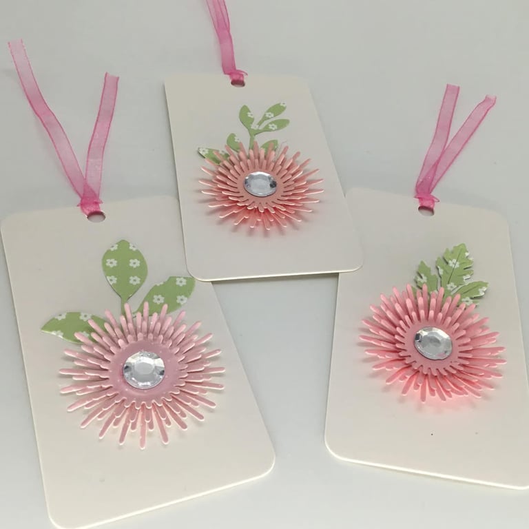 Floral gift tags - pastel pink with clear adhesive gem centres