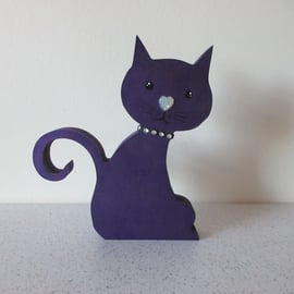 Cat Wooden Ornament Hand Painted Cat Shape in Wood Deep Purple