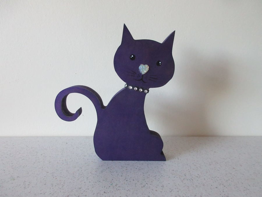 Cat Wooden Ornament Hand Painted Cat Shape in Wood Deep Purple