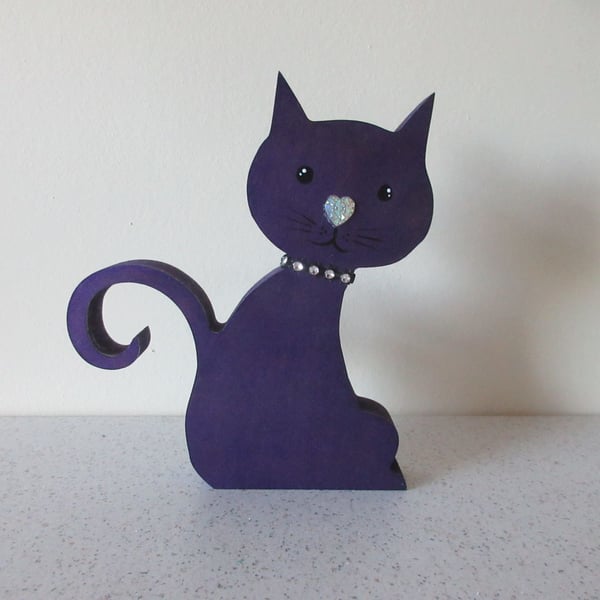 Cat Wooden Ornament Hand Painted Cat Shape in Wood Deep Purple