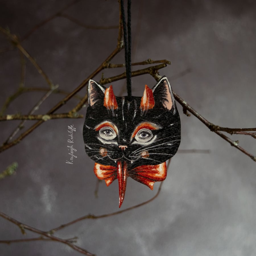 Devil cat wooden hanging ornament- Damien the cat
