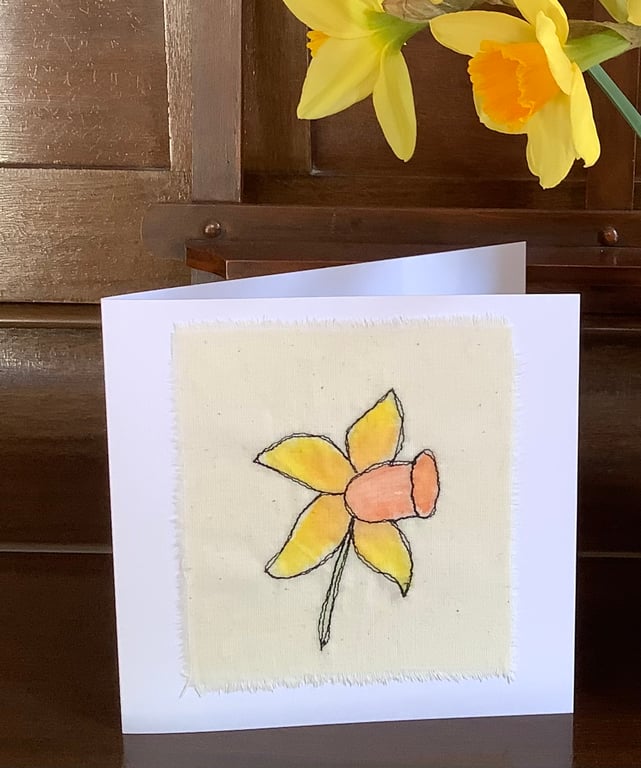 Easter card, Daffodil flower card, Embroidered any occasion blank card
