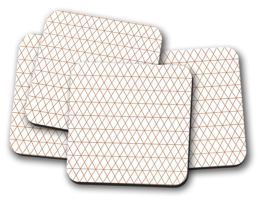 Set of 4 White with Copper Geometric Design Coasters