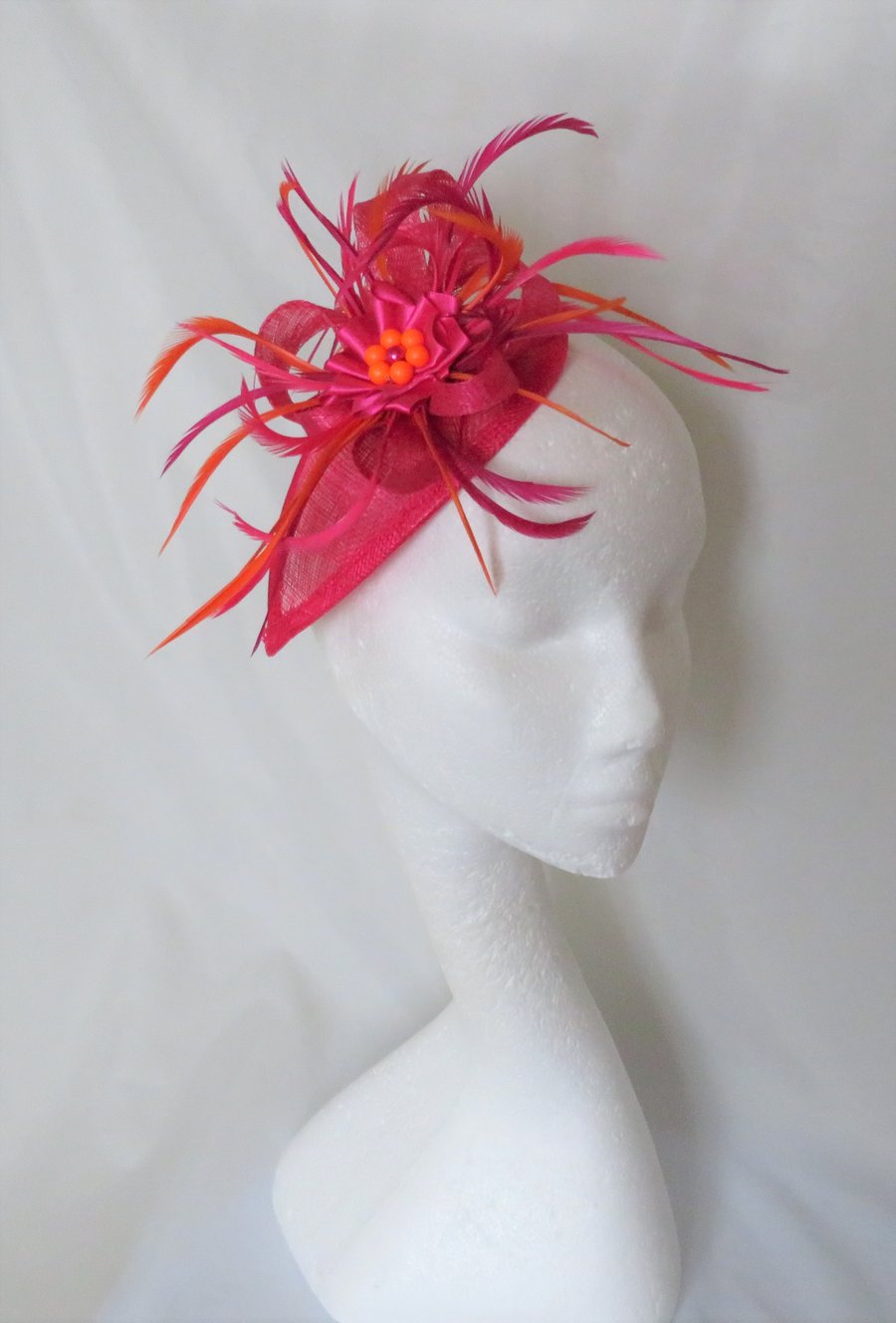Fuchsia Pink & Orange Vibrant Feather Fascinator Mini Hat 