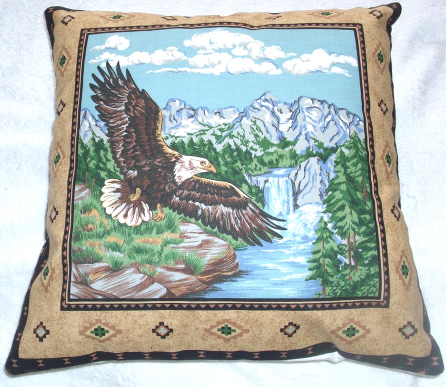 Eagle flying over a river cushion