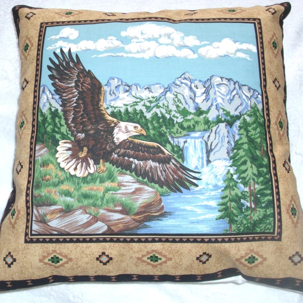 Eagle flying over a river cushion