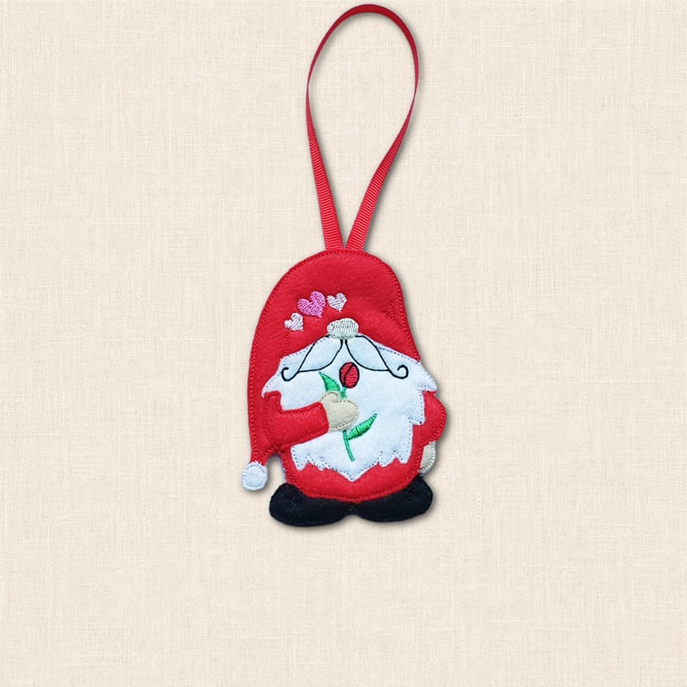 Rose Gnome Decoration - Embroidered Felt Hanging Decor