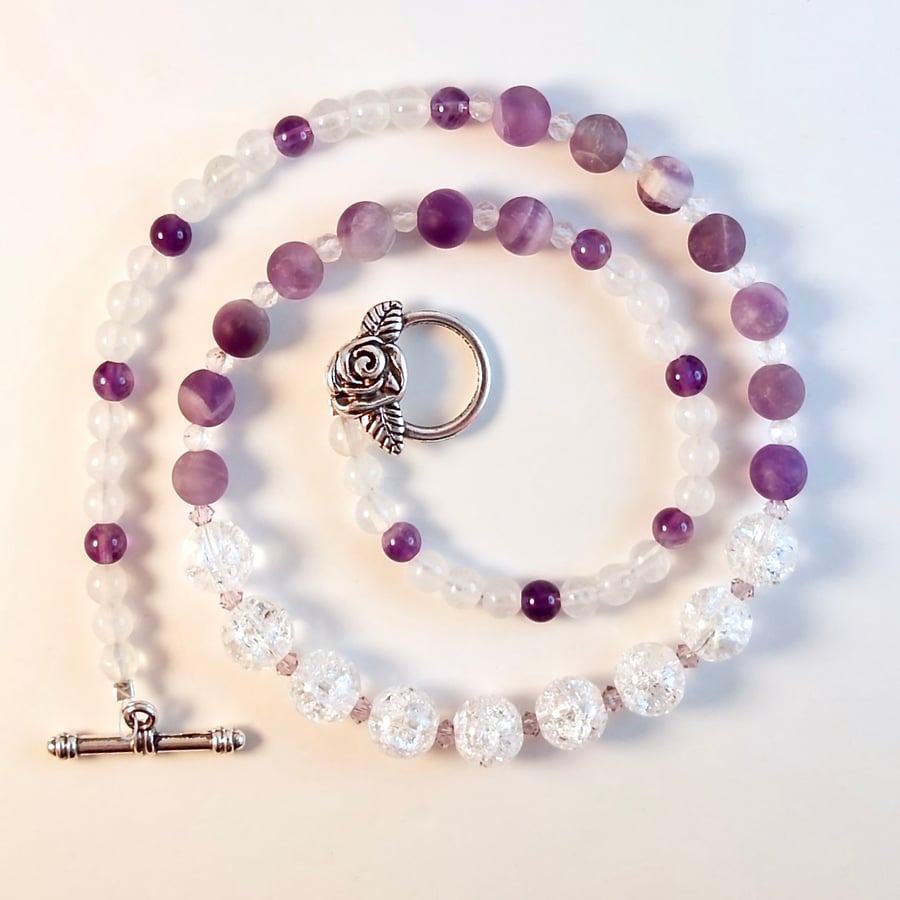 Crackle Quartz And Amethyst Necklace With Swarovski Crystals - Handmade In Devon