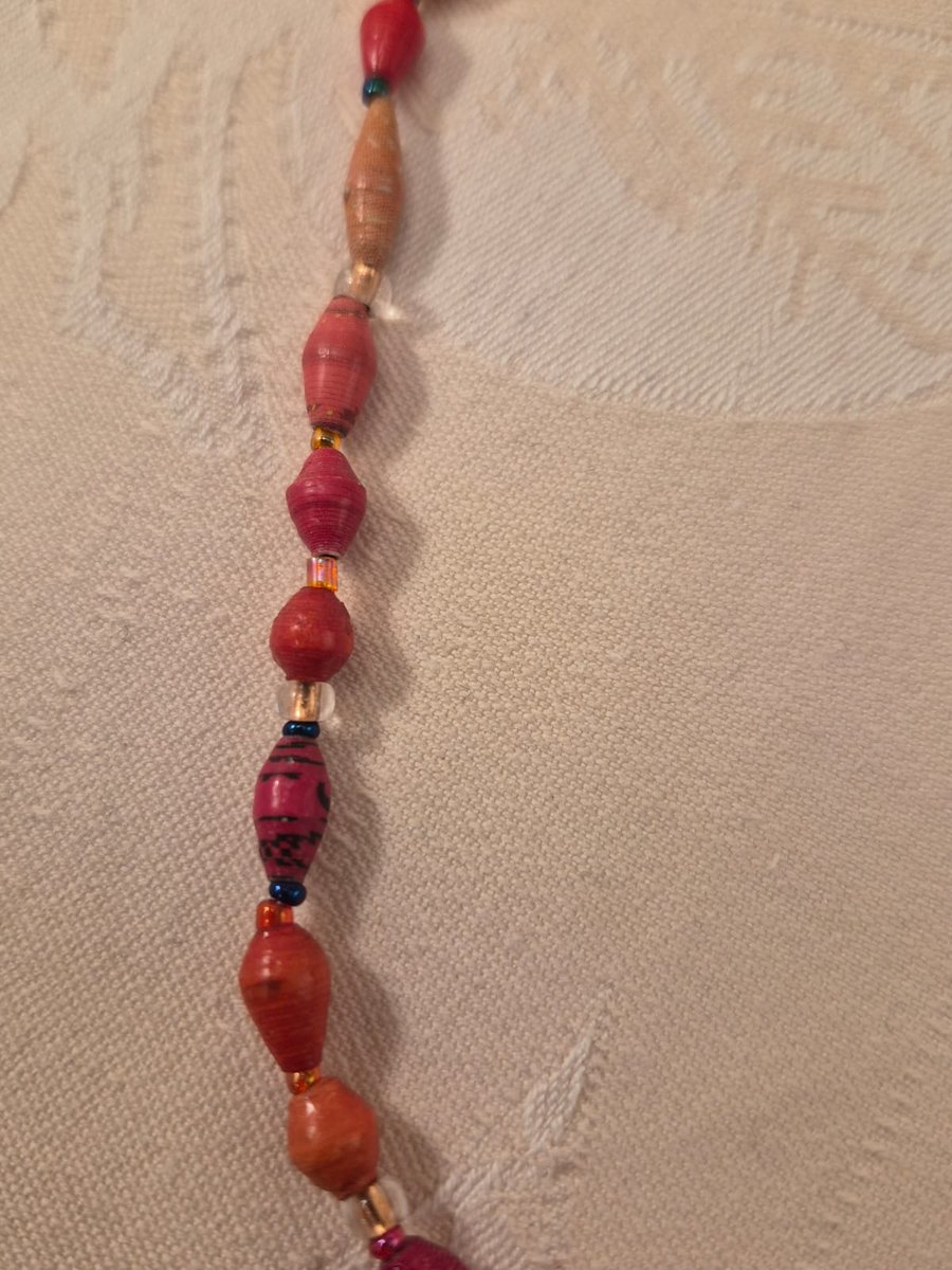 Orange paper and glass beaded necklace