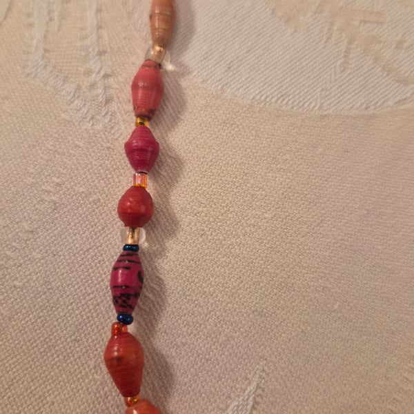 Orange paper and glass beaded necklace