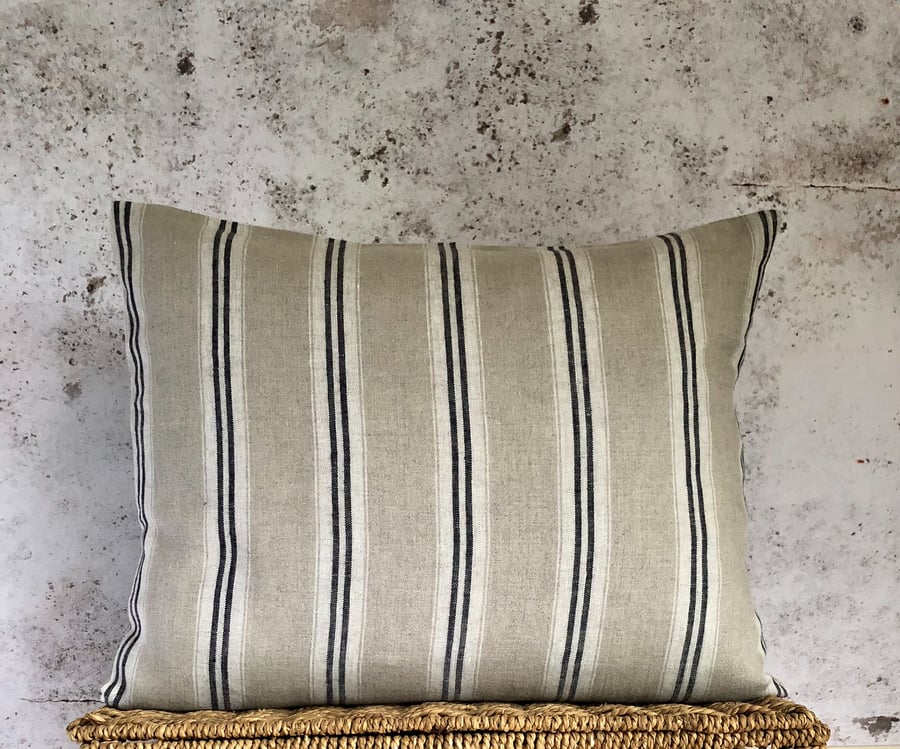 Striped Washed Linen, Lumbar Cushion Cover, with Off White Stripes 17” x 13”