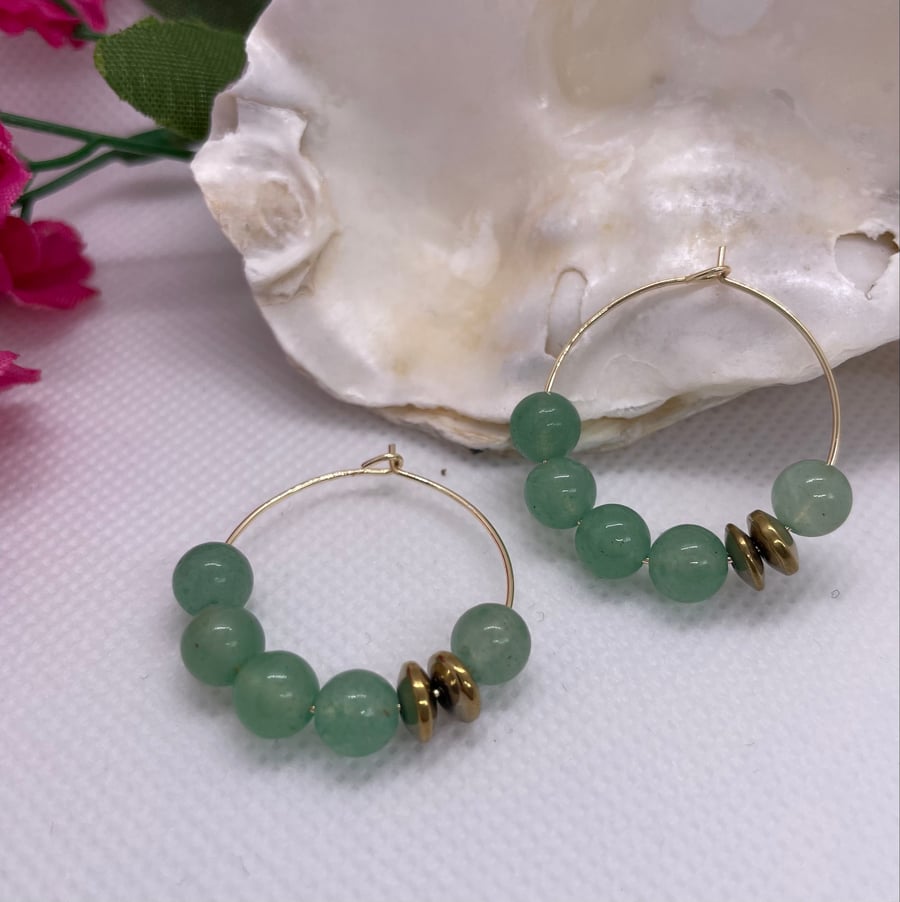 Gold plated hoops with Green Aventurine beads