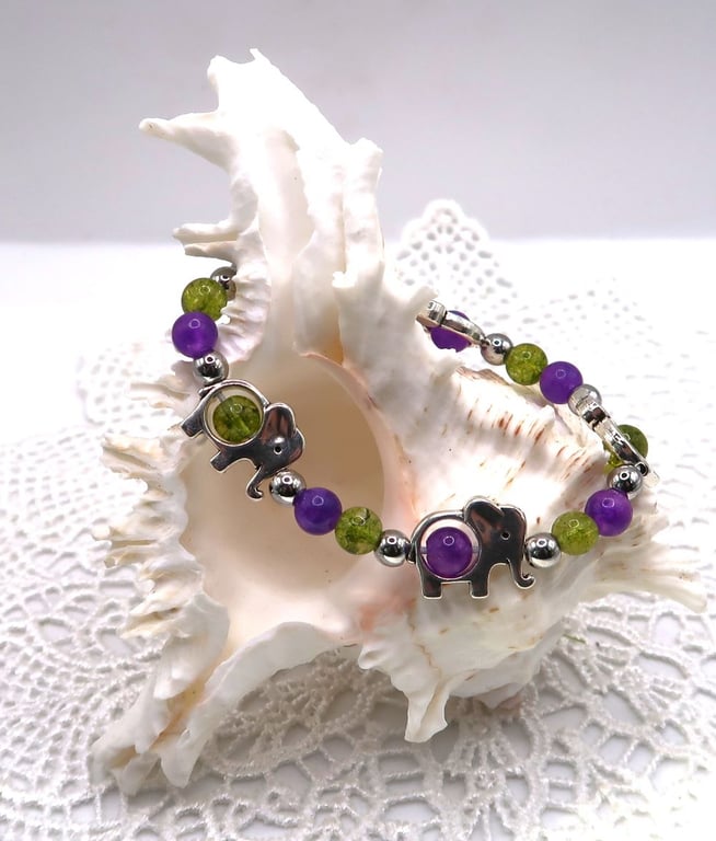 Amethyst and Peridot Stretch Bracelet with Elephant Charms. Free UK Postage