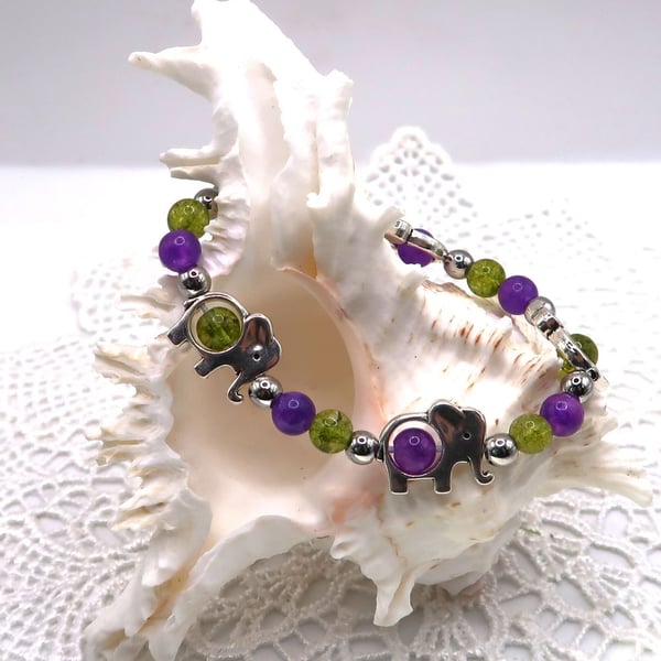 Amethyst and Peridot Stretch Bracelet with Elephant Charms. Free UK Postage