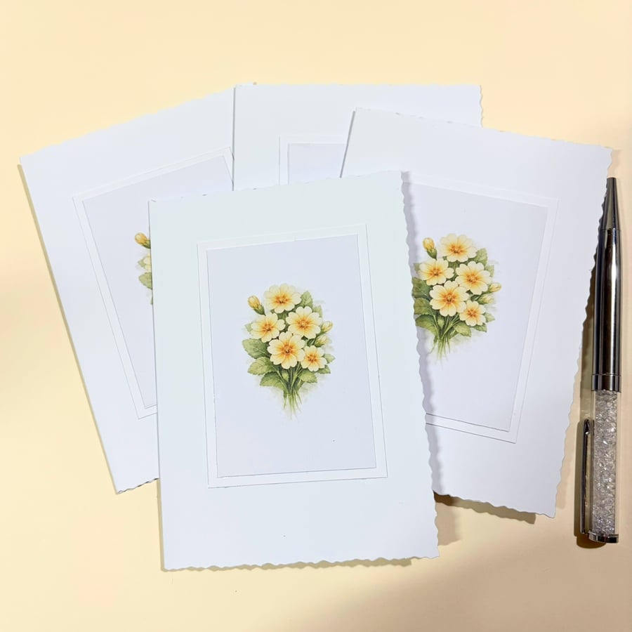 A6 Card Set of 4 - Primrose Birth Flower Botanical Blank Greeting Cards