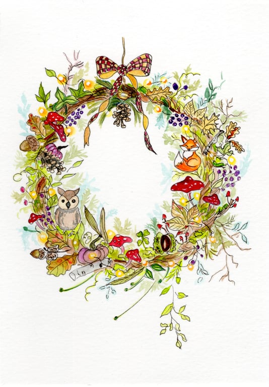 Autumn Woodland Wreath Card – Fox, Owl & Acorn Christmas Wreath