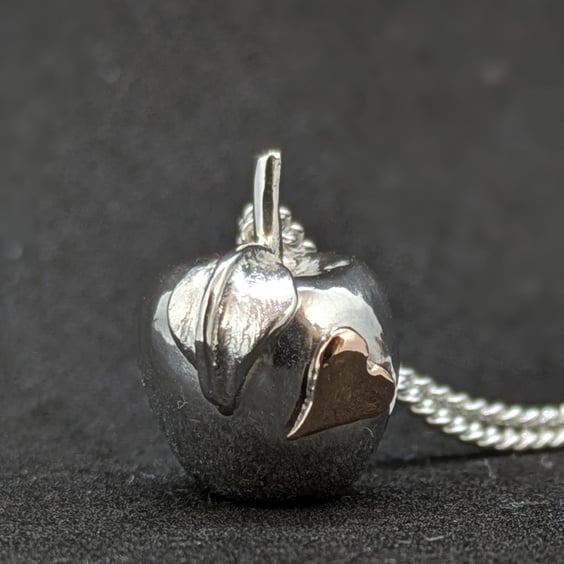 Sterling silver apple pendant, Apple necklace with heart