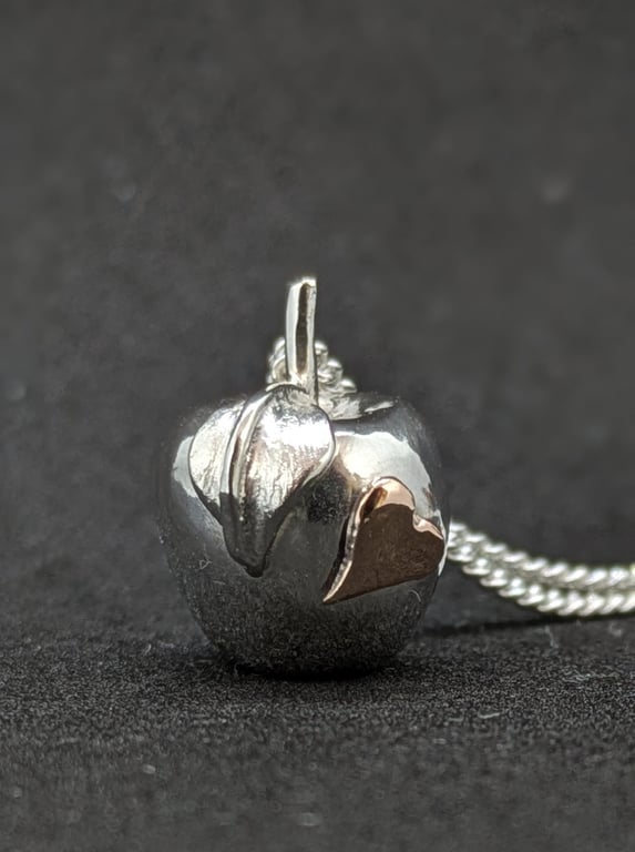 Sterling silver apple pendant, Apple necklace with heart