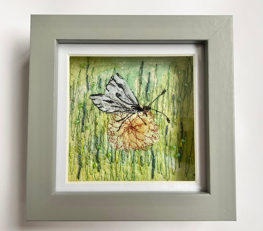 Framed cabbage white butterfly embroidery