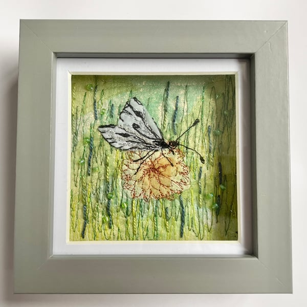 Framed cabbage white butterfly embroidery