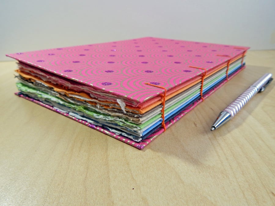 Pink Circles Journal with Handmade paper in Rainbow colours - gifts for girls