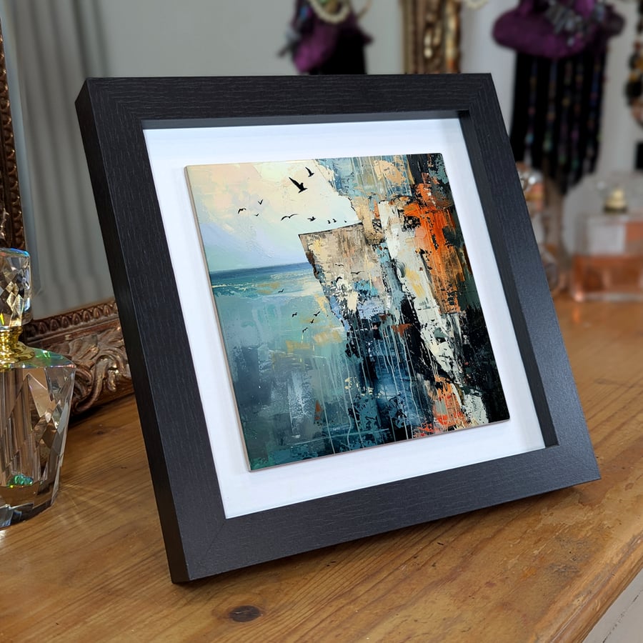 Gull Cliff Framed Ceramic Tile Art - Impressionist Coastal Wall Art - Home Decor