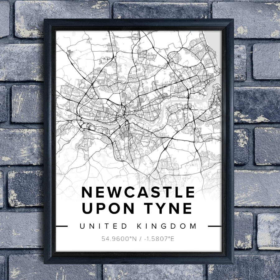 Map of NEWCASTLE, Cityscape Poster, Black and White City Map, Framed Wall Art