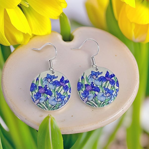 Blue iris flowers earrings, 19mm discs, sterling silver ear wires (727b)