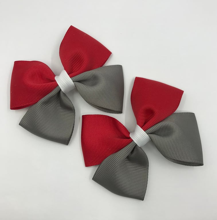 School Red, Grey and White Two Tone Double with Bows on Clips (pair)