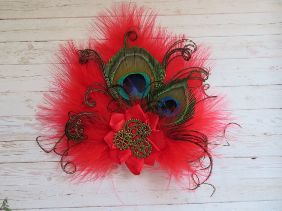 Bright Scarlet Red Steampunk Hair Clip Fascinator Peacock Feather & Brass Cogs 