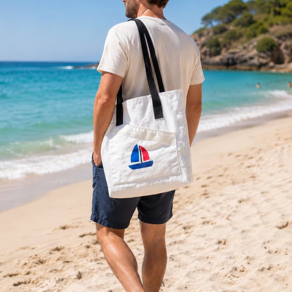 Upcycled Sailcloth Tote Bag with Black Handles - Eco-Friendly Everyday Shopper