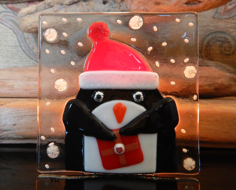 Handmade Fused Glass 'Christmas Penguin' T Light Holder