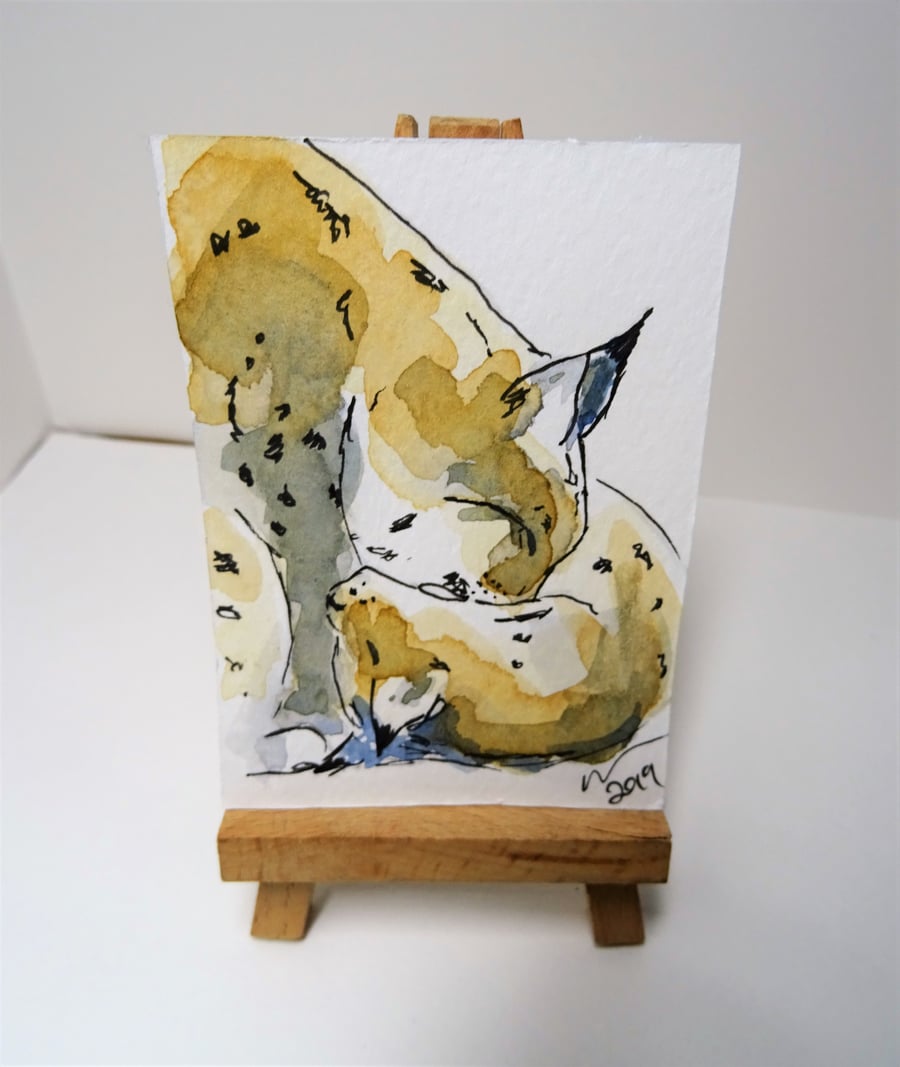 ACEO Animal Art Lynx Cuddle Original Watercolour and Ink Painting OOAK Cat