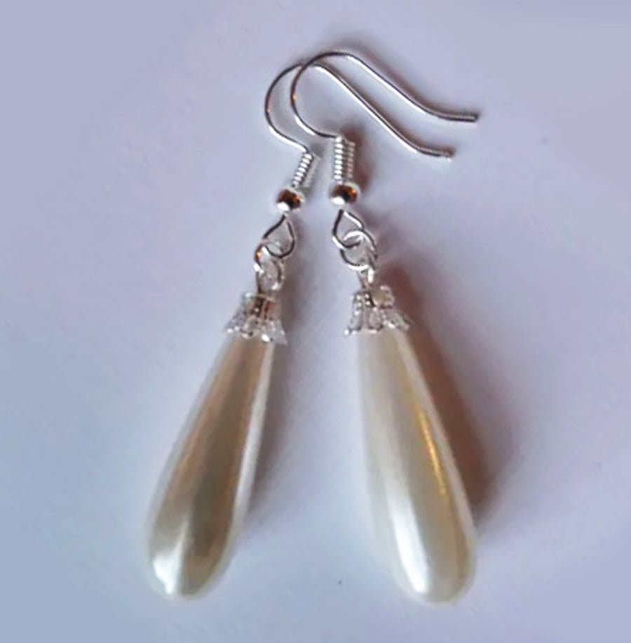 Long White Faux Pearl Teardrop Drop Earrings Silver Plate 