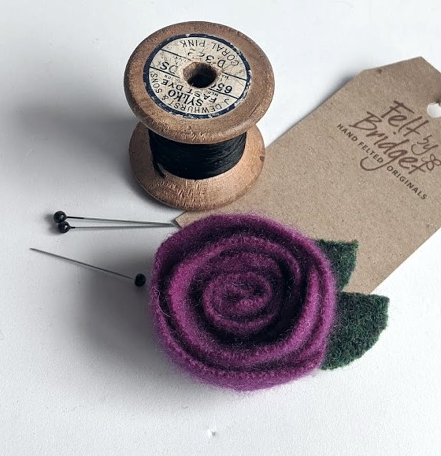 Damson rose brooch: upcycled wool felt