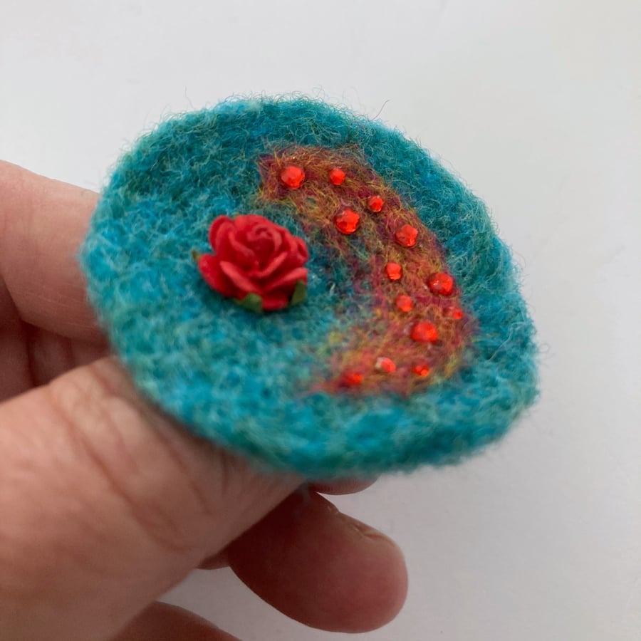 Seconds Sunday -Needle felted brooch, turquoise with rose and crystal decoration
