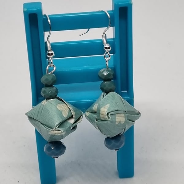 Origami earrings: teal colour paper and faceted beads