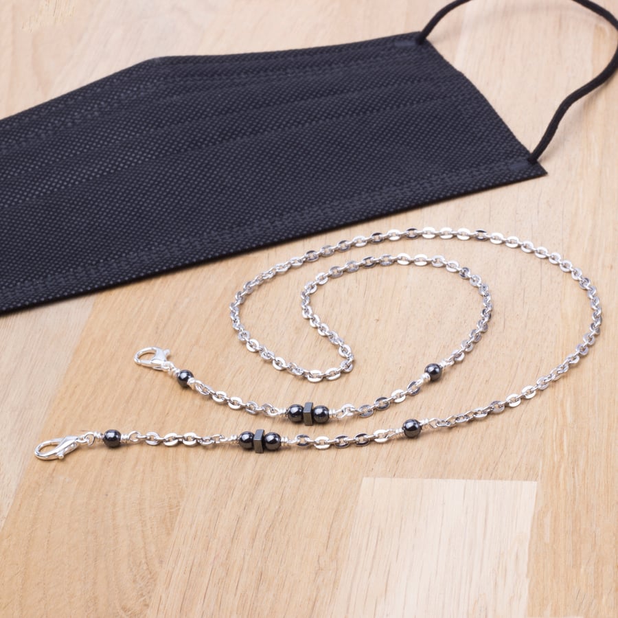 Face mask chain strap - Hematite silver chain mask holder lanyard - unisex