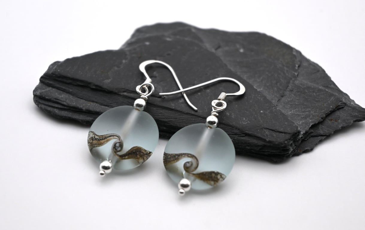 lampwork glass earrings, pale blue beach