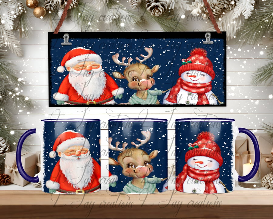 Christmas Santa, Snowman and Reindeer trio mug