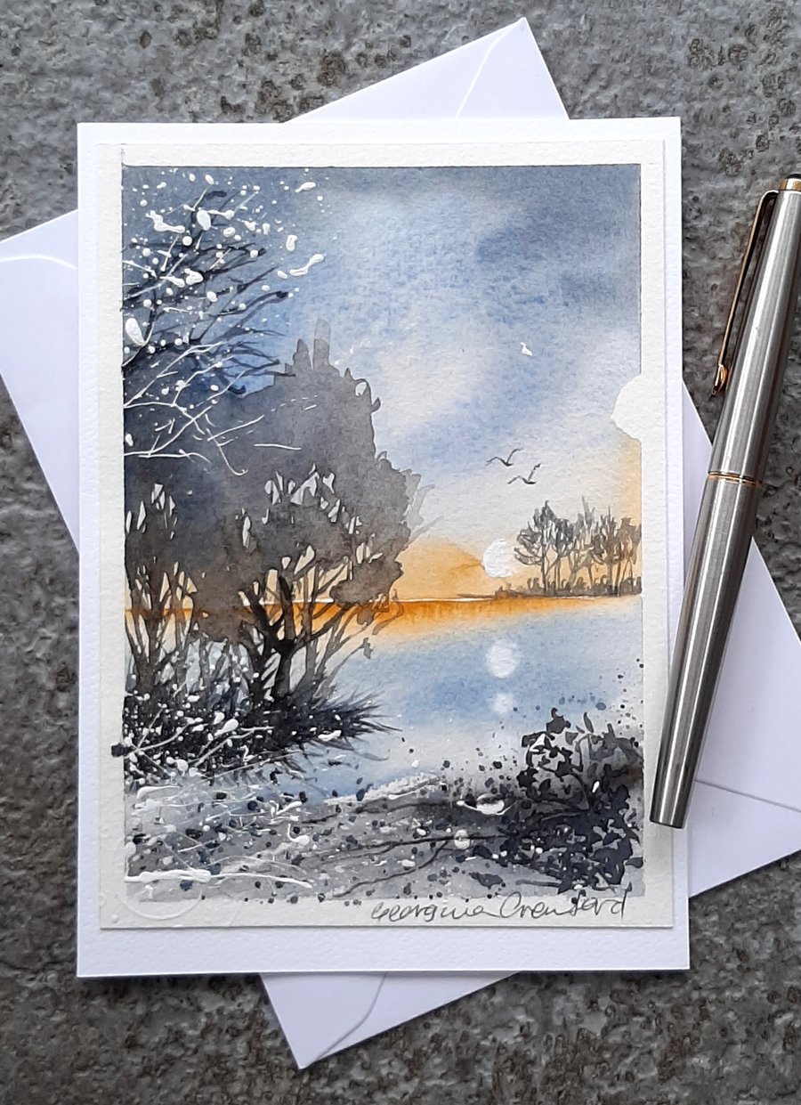 Light on The Lake. Blank Card. Handpainted Art