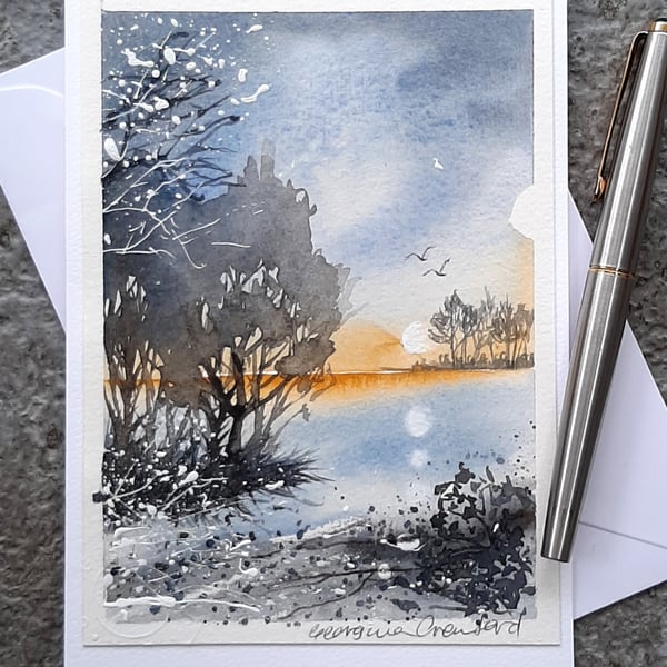 Light on The Lake. Blank Card. Handpainted Art