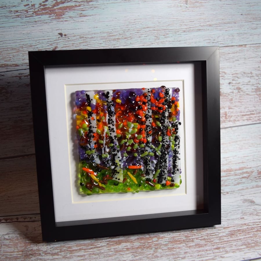 Fused Glass Forest Scene Picture in a Box Frame.