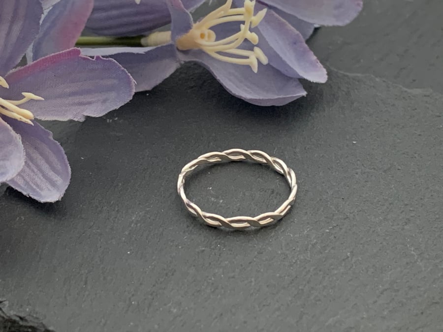 Simple sterling silver stacking ring (plaited  band)