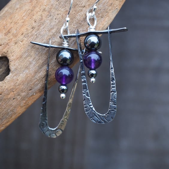 Amethyst and Hematite silver dangle earrings, forged and oxidised silver