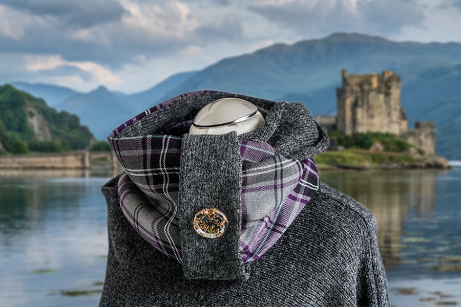 Tartan Lambswool Heather Button Infinity Scarf. Grey Lambswool Knitted Scarf.