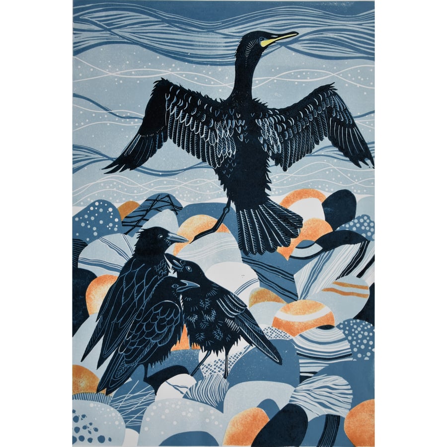 LINO PRINT - CROWS CORMORANT BEACH SEA