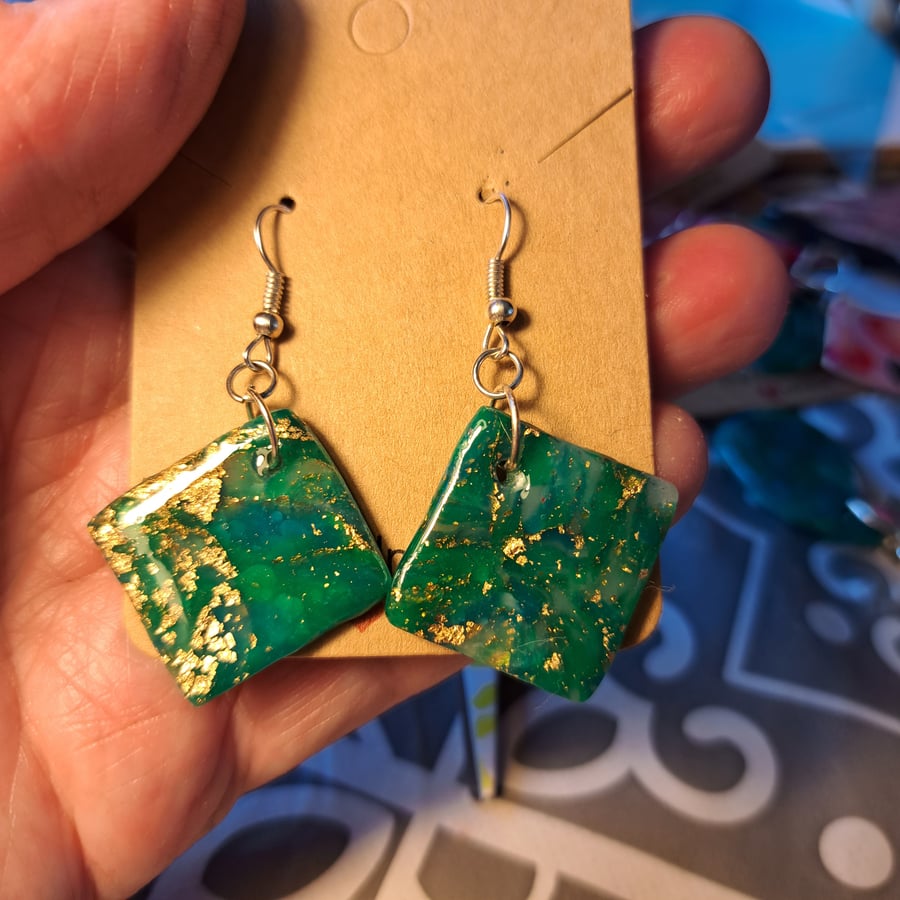 Square polymer clay green, gold and white earrings