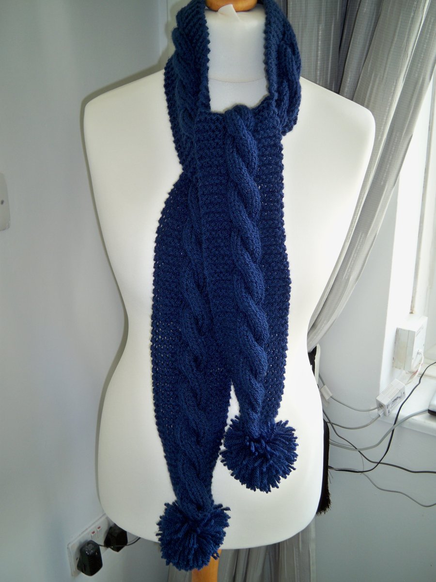 Hand Knitted  Ladies Navy Hand Knitted Scarf 4" x 60" approx. Free UK Shipping