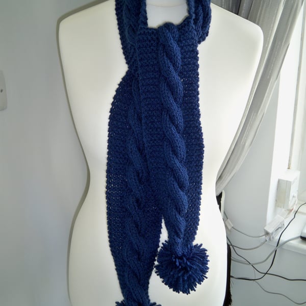 Hand Knitted  Ladies Navy Hand Knitted Scarf 4" x 60" approx. Free UK Shipping